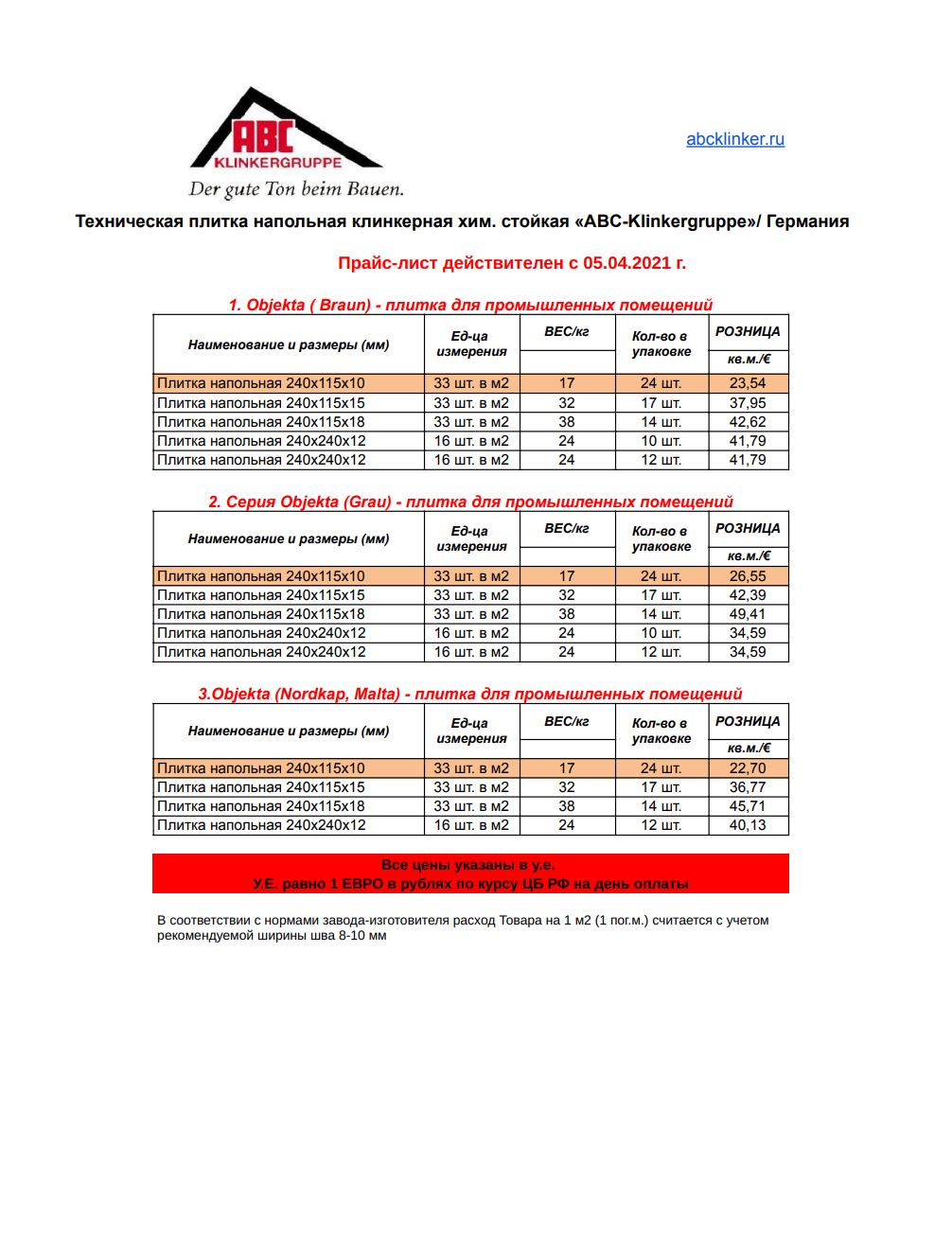Техническая плитка напольная клинкерная хим. стойкая ABC-klinkergruppe прайс-лист 2024 г