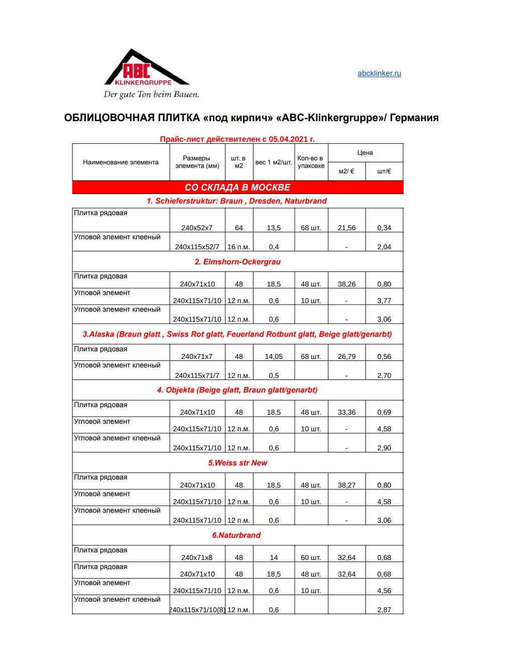 Клинкерная плитка облицовочная для фасадов и интерьера  ABC-klinkergruppe прайс-лист 2024 г